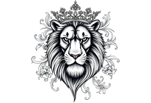 majestic lion wearing ornate crown, surrounded by baroque flourishes tattoo idea