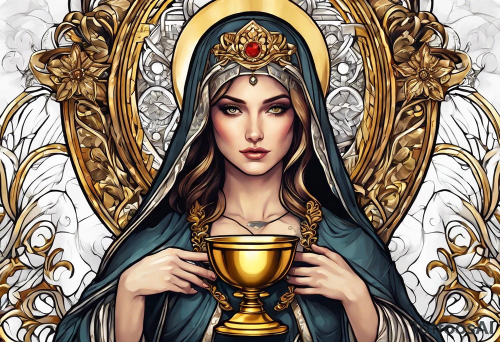 woman saint holding chalice surrounded by golden halo tattoo idea