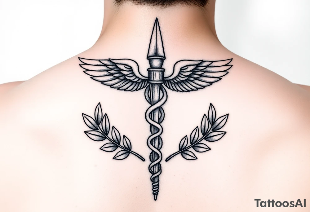 A caduceus-style staff where the top is a small molar tooth instead of wings, surrounded by laurel leaves, line-art design.” tattoo idea