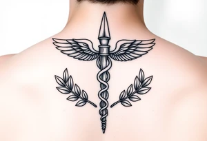 A caduceus-style staff where the top is a small molar tooth instead of wings, surrounded by laurel leaves, line-art design.” tattoo idea