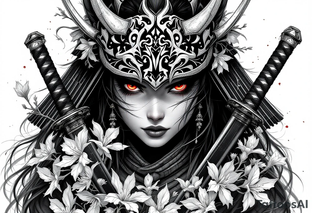 Woman samurai with red eyes wearing an half and broken kitsune mask like an hat, holding 
two katana and Sakura flowers ornement
Tatoo is for upper arm tattoo idea