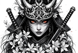 Woman samurai with red eyes wearing an half and broken kitsune mask like an hat, holding 
two katana and Sakura flowers ornement
Tatoo is for upper arm tattoo idea