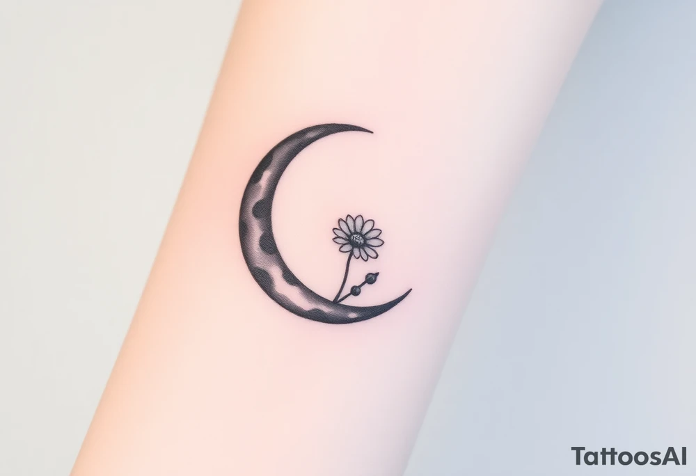 Small black and white tattoo waxing crescent moon with small Daisy birth flower and tiny Leo gliph tattoo idea
