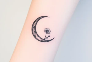 Small black and white tattoo waxing crescent moon with small Daisy birth flower and tiny Leo gliph tattoo idea