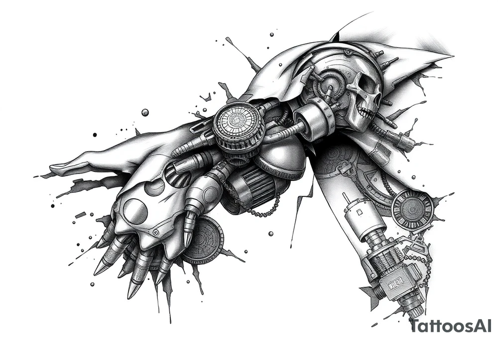 A full sleeve tattoo design for the right arm that starts at the hand and extends up to the right pectoral. The design features a melted skin effect, revealing detailed robotic parts and mechanical components underneath. The melted skin appears torn and organic, seamlessly transitioning to intricate gears, wires, and futuristic machinery beneath, creating a striking fusion of human and robotic elements. tattoo idea