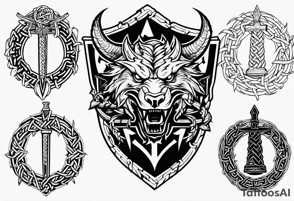 Valhalla sword shield dragon axe Valknut barbed wire chains tattoo idea Valhalla sword shield dragon axe Valknut barbed wire chains tattoo idea
