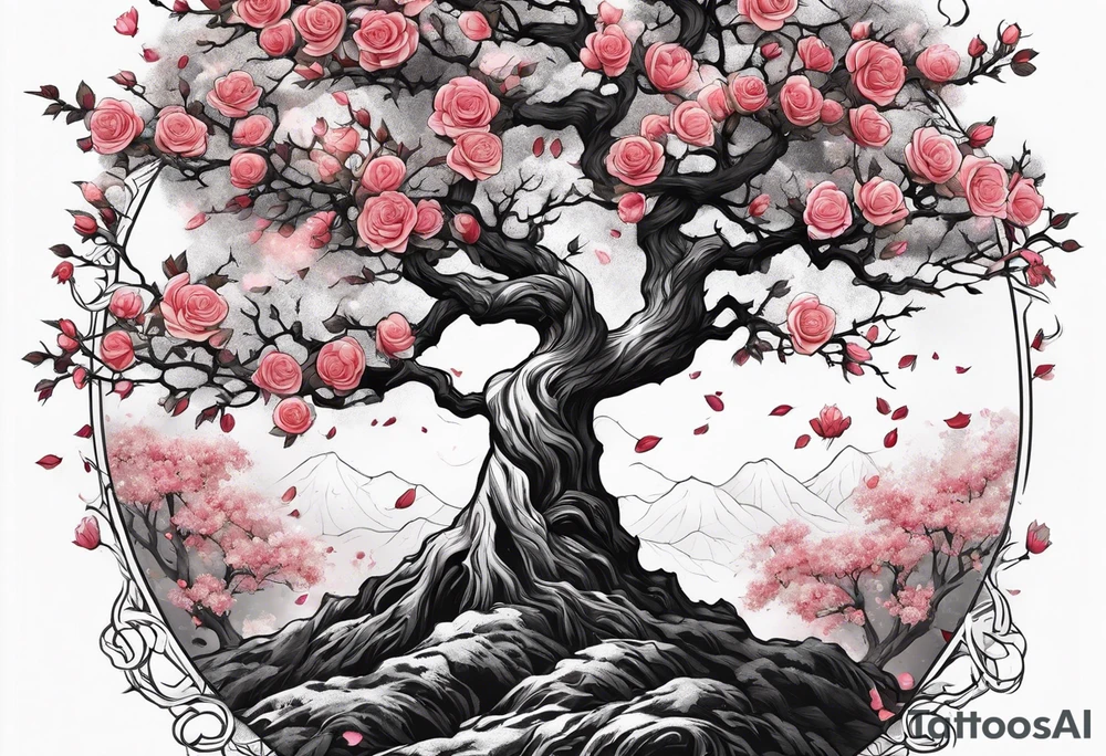 Sakura tree wrapped in roses tattoo idea