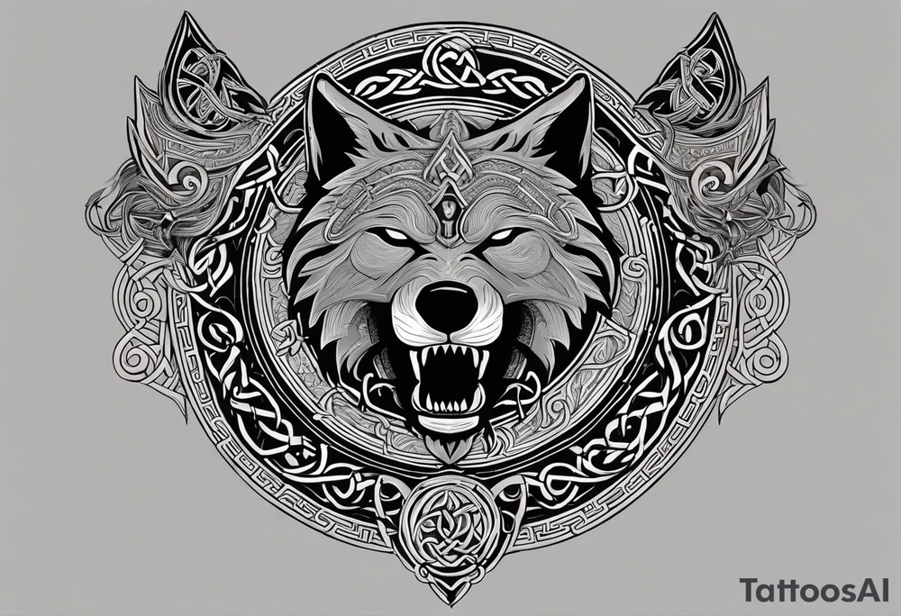 A powerful tattoo design combining Nordic, Greek, and Celtic symbols to represent someone who made you believe in humanity's goodness, only to turn out to be its ultimate betrayer. The centerpiece is a snarling wolf, symbolizing Fenrir, with glowing eyes and an open mouth, representing betrayal and destruction. Surrounding the wolf is the Ouroboros, a serpent eating its own tail, symbolizing the endless cycle of trust and betrayal. The Triskelion, with its three interlocking spirals, appears in the background or as a border, representing the shifting balance between light and dark. Incorporate fire and ice elements to reflect the contrast between warmth (trust) and coldness (betrayal), with Celtic knotwork and runes adding ancient, mystical depth to the design. tattoo idea
