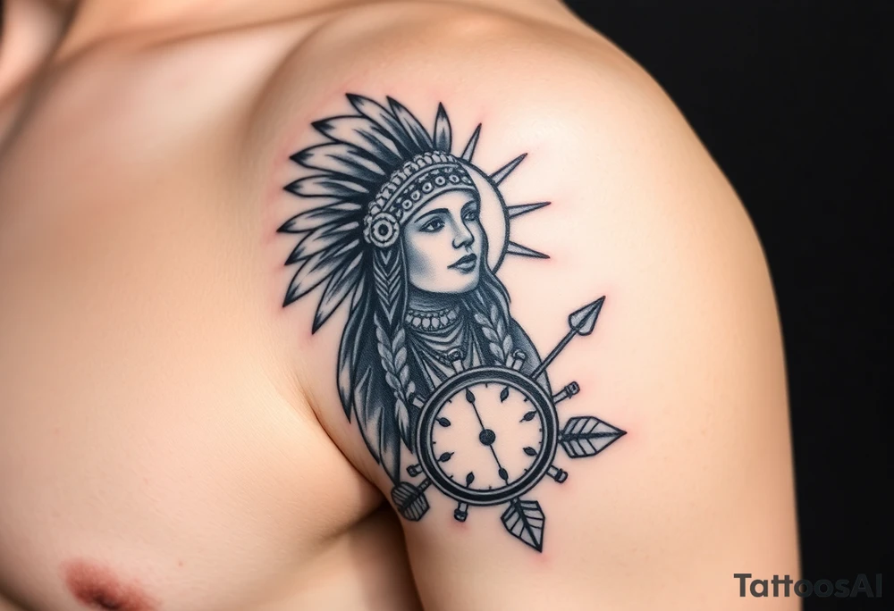Native American girl with headdress in the sun a compass and a clock and arrowhead tattoo idea
