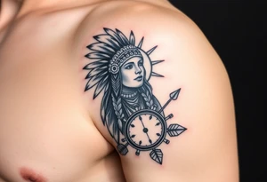 Native American girl with headdress in the sun a compass and a clock and arrowhead tattoo idea
