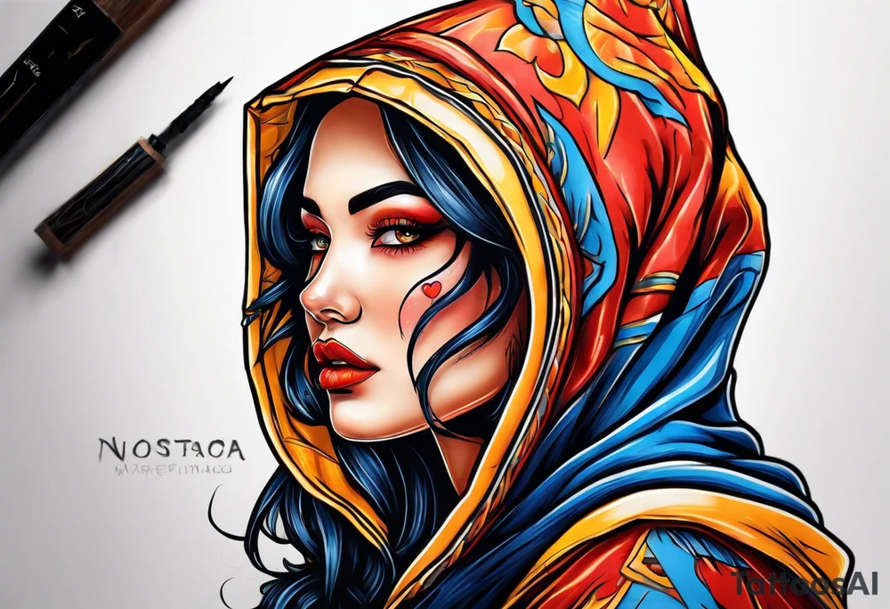 Neo traditional Orange yellow red blue hooded woman blood scars tattoo idea