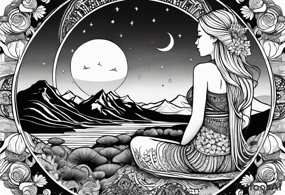 Straight blonde hair girl meditating facing away toward mountains surrounded by mushrooms crescent moon mandala circular design black and white striped dress tattoo idea