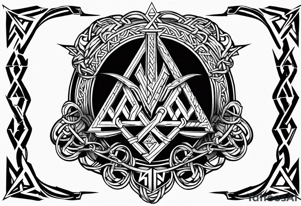 Valhalla sword shield axe barbed wire chains valknut tattoo idea