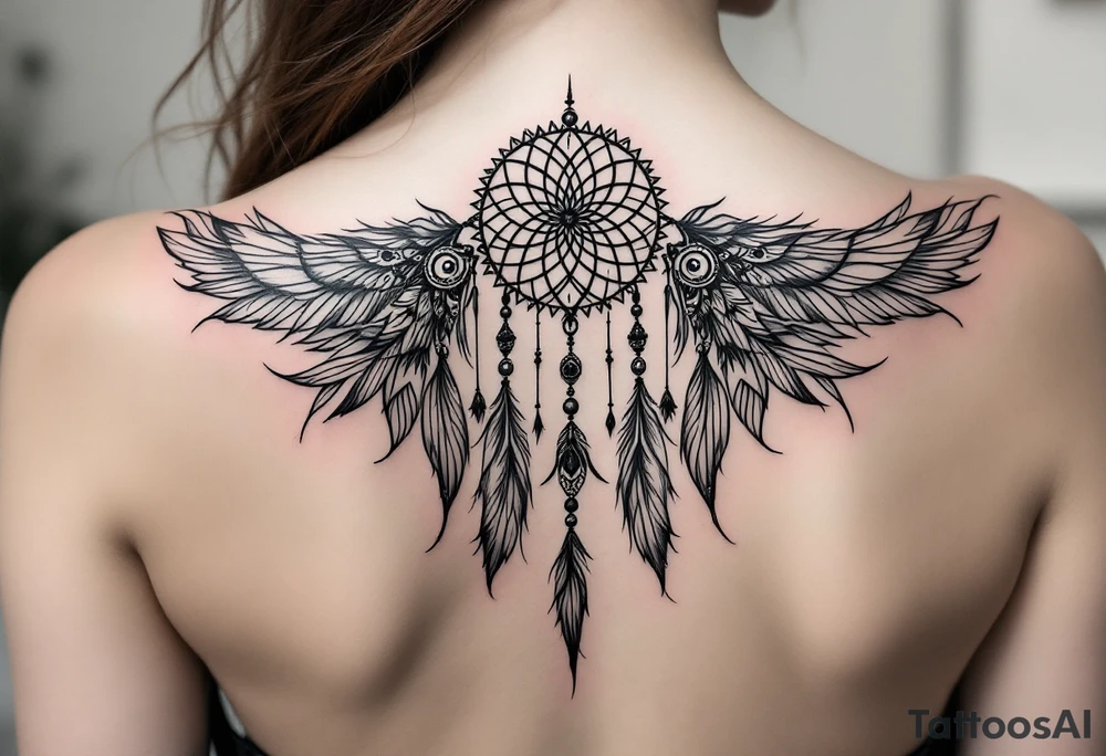 native dreamcatcher with flowing feathers and sacred beads tattoo idea