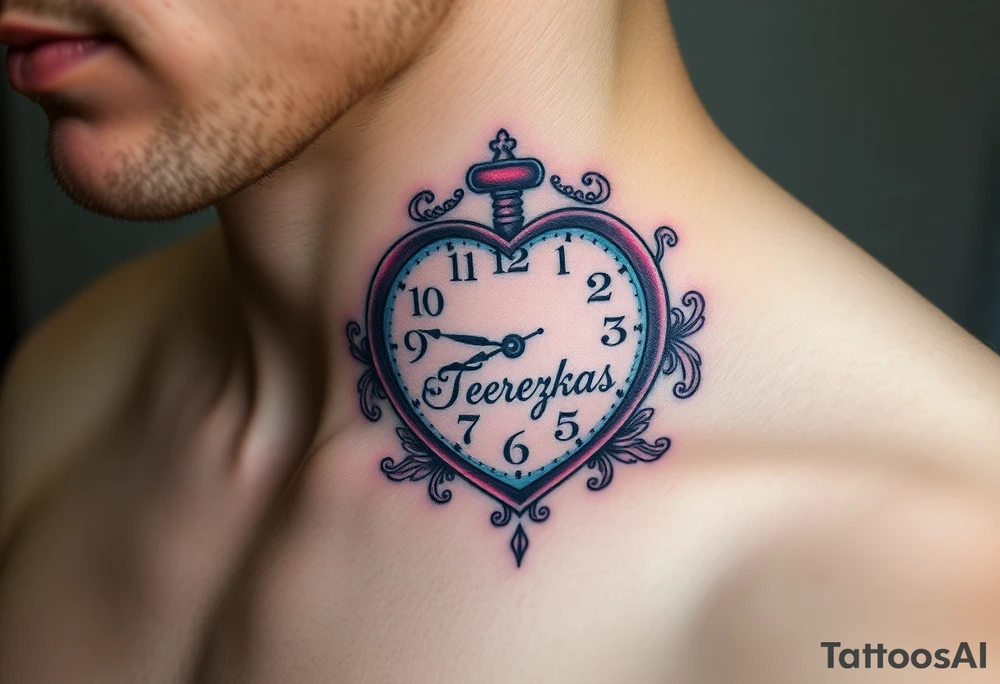 A heart-shaped clock with soft pastel pink and blue tones, featuring delicate floral engravings, with the child’s name "Terezka" scripted across the center tattoo idea