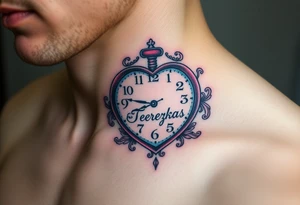 A heart-shaped clock with soft pastel pink and blue tones, featuring delicate floral engravings, with the child’s name "Terezka" scripted across the center tattoo idea