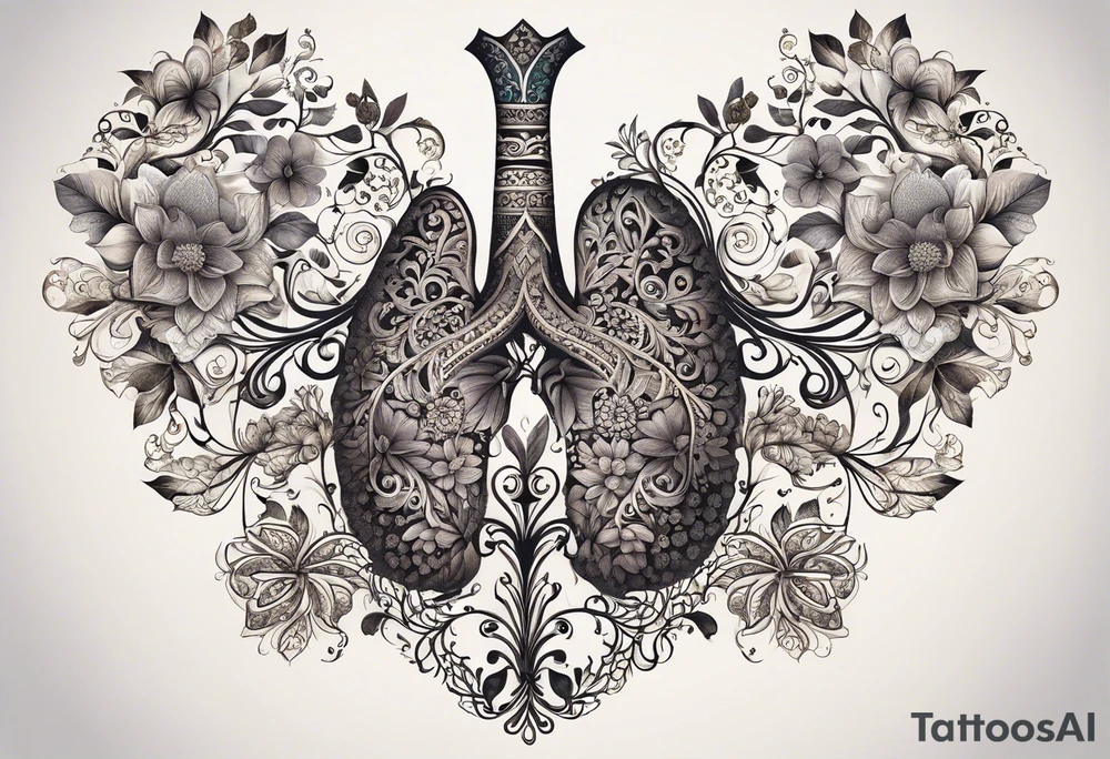 intricate and artistic arrangement of flowers and ornamental patterns that come together to form the shape of human lungs. The design should have a balance of delicacy and detail, with vibrant floral elements seamlessly intertwining to mimic the structure of the lungs, including the bronchi branching into floral motifs. Incorporate subtle shading and depth to give the tattoo a dynamic and organic feel, while maintaining elegance and symmetry, embraced by an octopus and butterflies flying around tattoo idea
