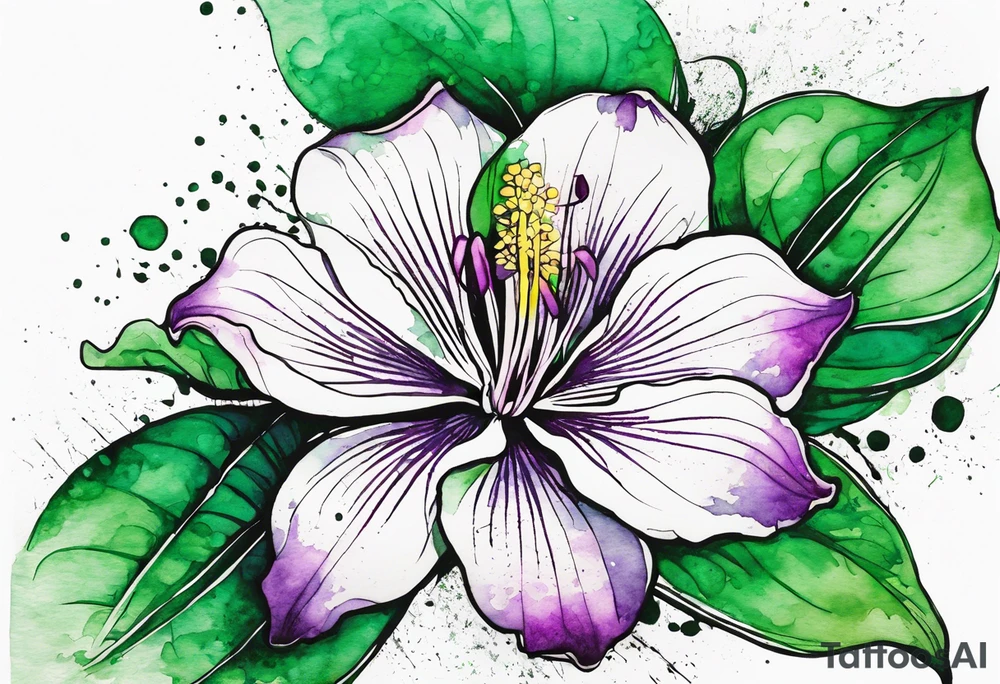 An outline of a rio dipladenia flower with a green and purple watercolor splash in the background tattoo idea