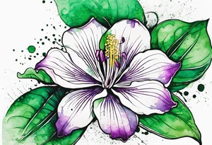 An outline of a rio dipladenia flower with a green and purple watercolor splash in the background tattoo idea