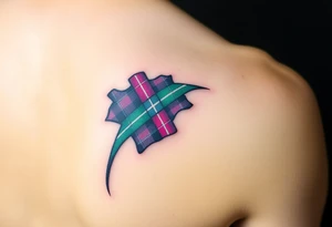 Side of arm Dark Purple with green pink blue and white highlights tartan fabric with flesh peeling away at edges tattoo idea