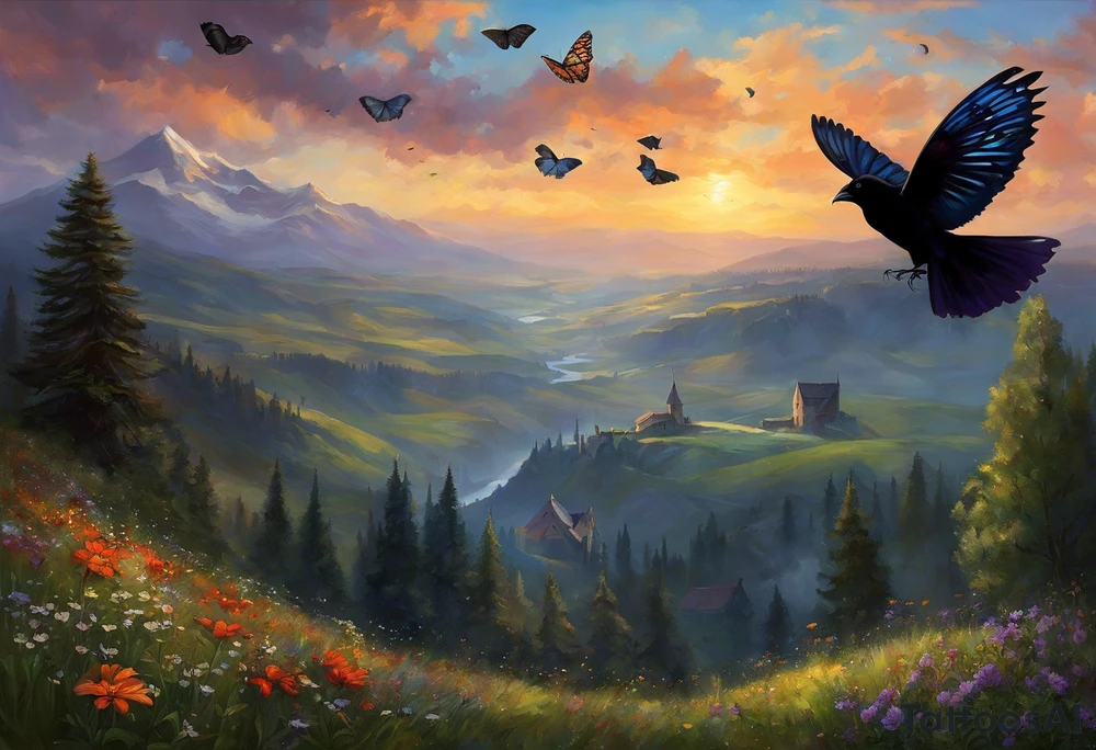 A butterfly flies towards the sky. Below the butterfly, a raven flies towards the sky. 
The butterfly and the raven are the same size
In the background is the name Malia.
In the background is the name SKF.
The number 89 can be seen in the background.
There is also a scorpion in the wing of the butterfly. tattoo idea