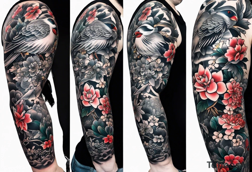 traditional style
full leg sleeve with a bird and flowers tattoo idea