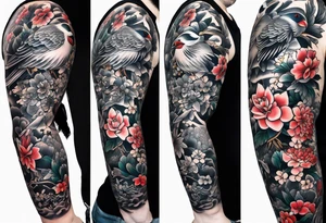 traditional style
full leg sleeve with a bird and flowers tattoo idea
