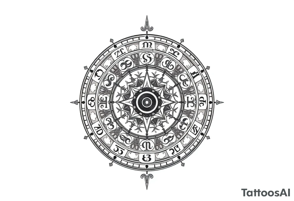 zodiac symbols runes within ornate clockwork mechanism tattoo idea