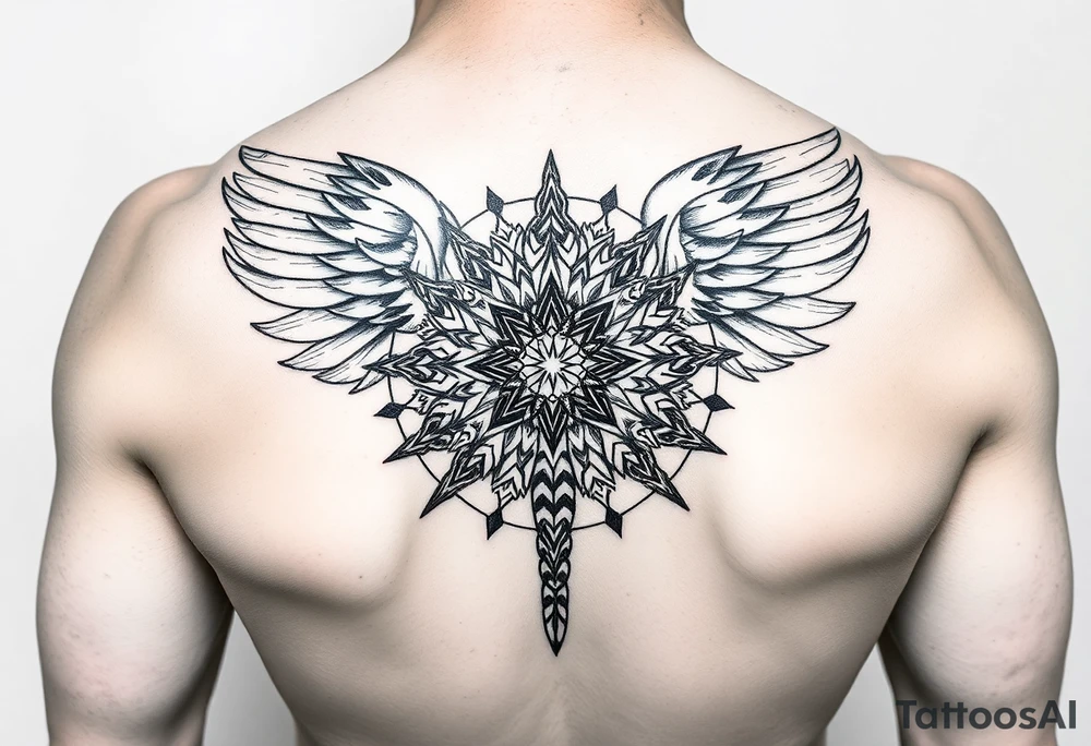 A stylized mandala incorporating elements of all three creatures. Scorpion tail forming the base, eagle wings creating symmetry, and phoenix feathers integrated as decorative patterns with flame textures. tattoo idea
