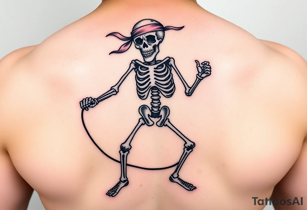 Funny skeleton exercises jump rope with a headband colorful tattoo idea