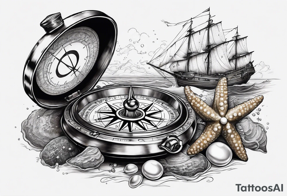 Pirate themed compass with oyster and pearl and a starfish as the directions on the compass tattoo idea