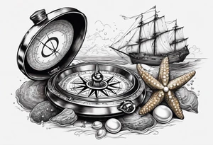 Pirate themed compass with oyster and pearl and a starfish as the directions on the compass tattoo idea