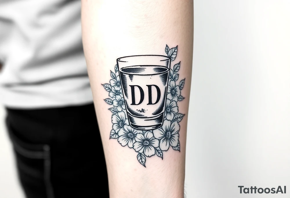 A tequila shot glass with DD Ingrave on it surround by flowers tattoo idea