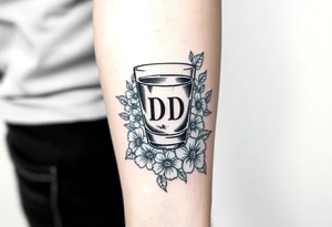 A tequila shot glass with DD Ingrave on it surround by flowers tattoo idea