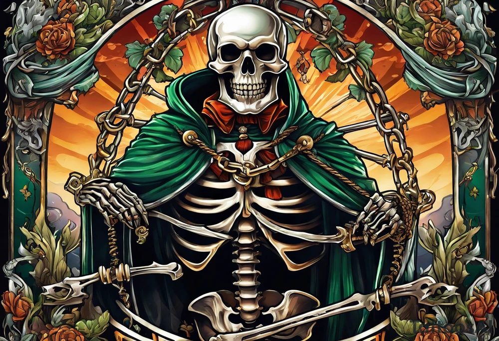 full color illustration of an irish skeleton pulling a chainfall tattoo idea