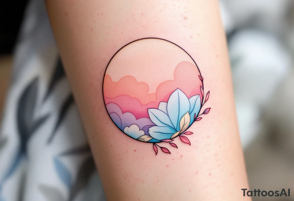 A pastel-colored circle with soft pink, peach, and baby blue blending into each other. tattoo idea
