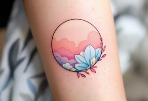 A pastel-colored circle with soft pink, peach, and baby blue blending into each other. tattoo idea