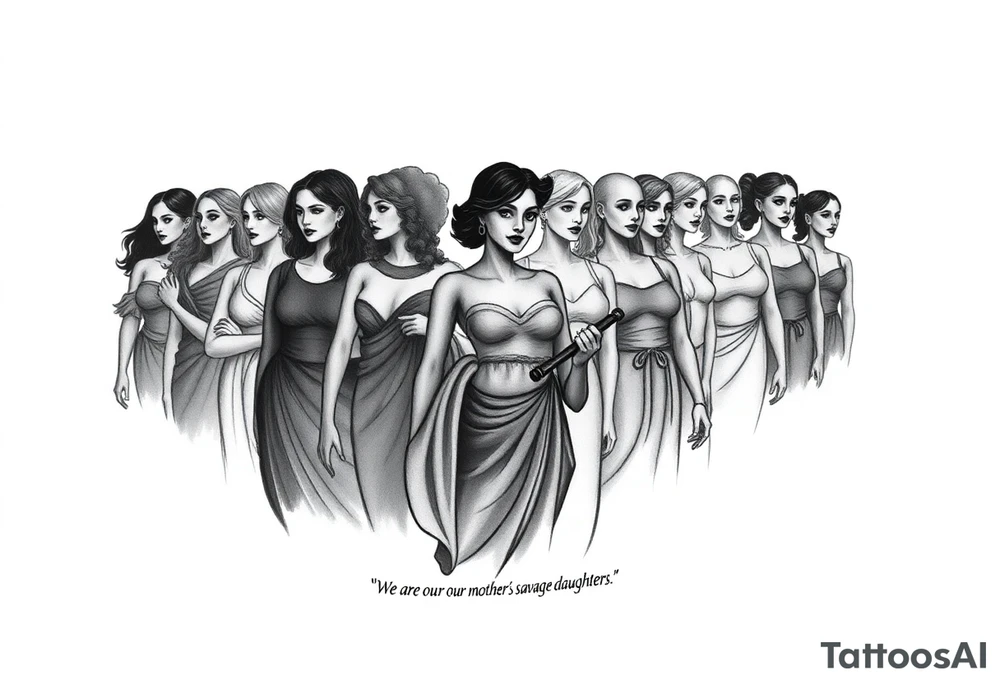 Generate a black and gray shaded image (for a diamond shaped medium forearm tattoo) of a legion of feminists, showing only their heads and shoulders. There is one figure in the front and many standing behind her, they are shadowy and vaguely featured. They do not have defined facial features. The figure in the front represents Clotho from Greek mythology and symbolizes my mother, holding a spool representing spinning the thread of life. This figure in the front has shorter, dark hair, is olive skinned and appears to be of Italian descent but facial features are still not well defined. The other figures' features get less defined the further from the front they are. All of the female figures are strong, but not comically voluptuous. They are of different racial and ethnic backgrounds, representing solidarity of women.

Add the inscription "We are our mother's savage daughters" tattoo idea