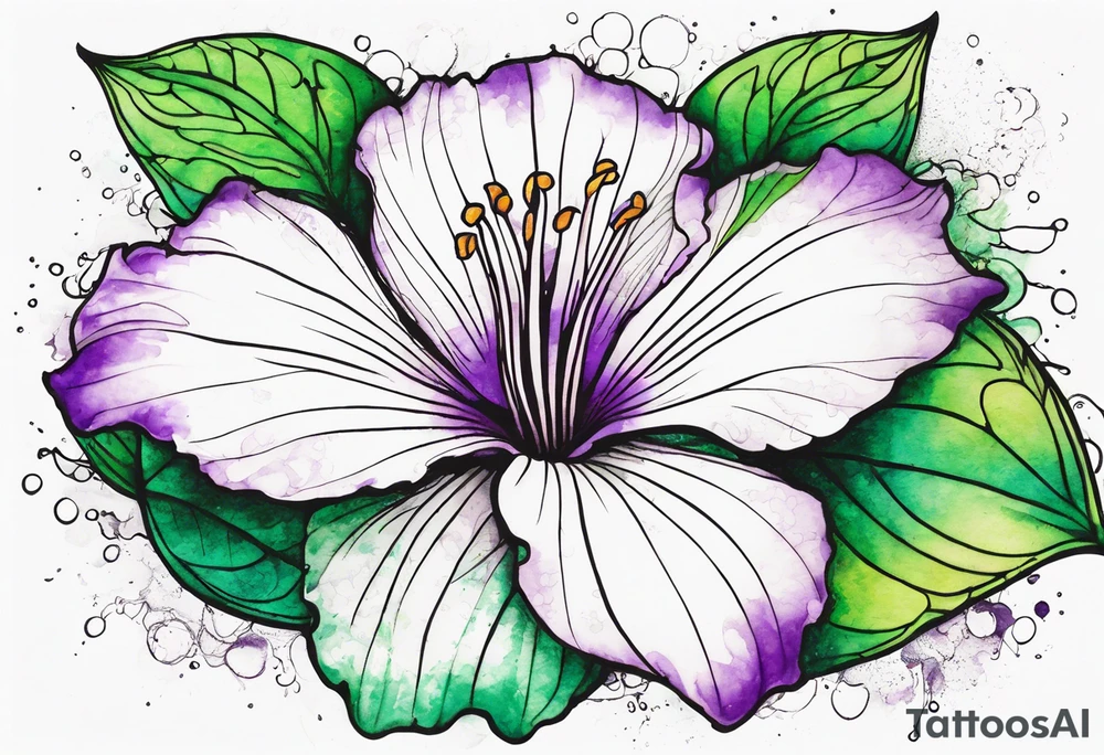 An outline of a rio dipladenia flower with a green and purple watercolor splash in the background tattoo idea