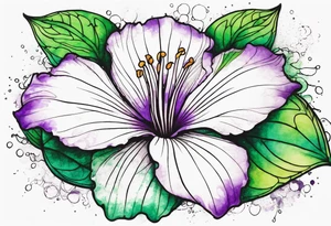 An outline of a rio dipladenia flower with a green and purple watercolor splash in the background tattoo idea