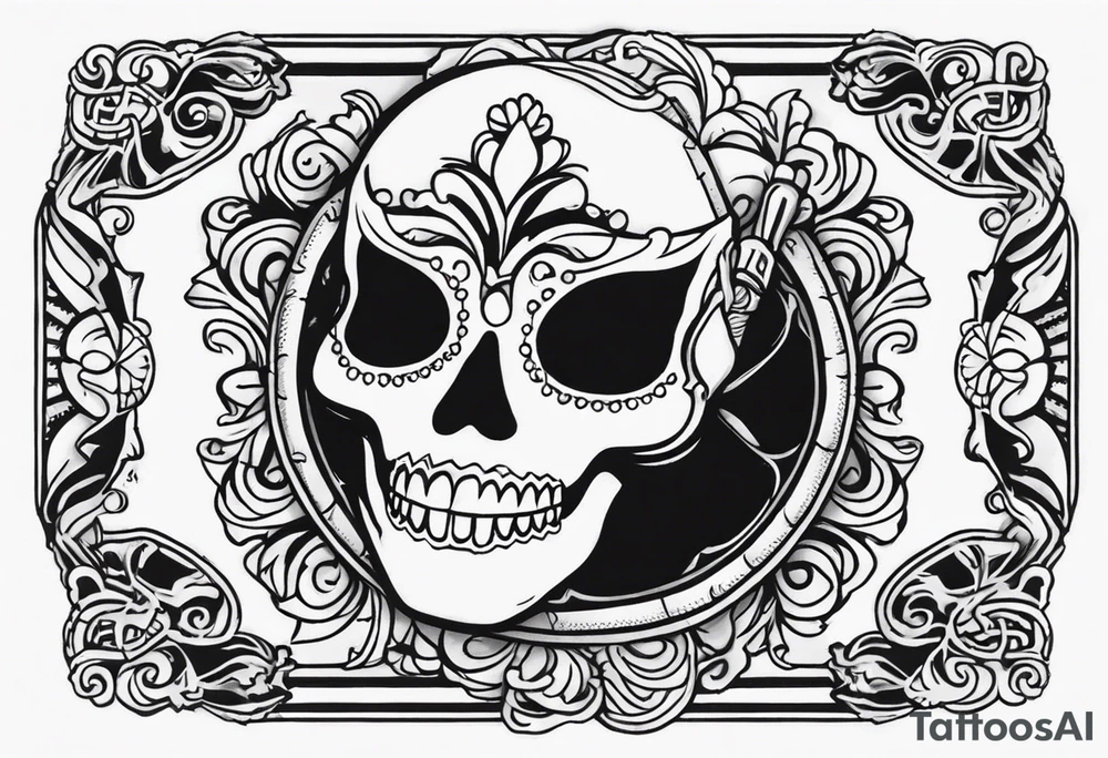 A skeleton removes a masquerade mask from its face tattoo idea