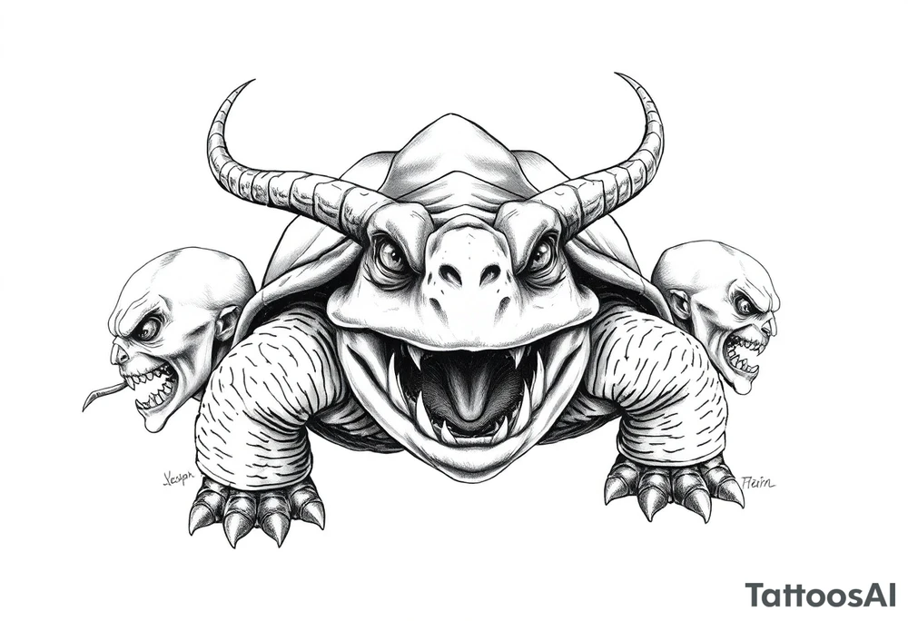 A giant and his 2 slaves powerful and angry turtle with goat horns and huge teeth and ALIEN EYES tattoo idea