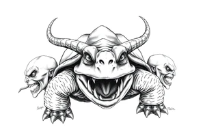 A giant and his 2 slaves powerful and angry turtle with goat horns and huge teeth and ALIEN EYES tattoo idea
