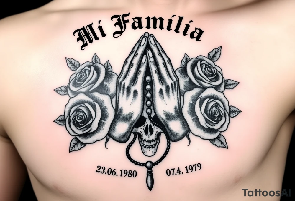 Black and grey gang style tattoo design. Centered praying hands with a rosary, surrounded by three realistic roses. Above the hands, gothic text saying 'Mi Familia'. Below each rose, a date in this order: '23.06.1980', '30.12.1946', '07.04.1979 . Add a crowned skull subtly in the background, symbolizing loyalty after death. Chicano tattoo style, fine shading, no color tattoo idea