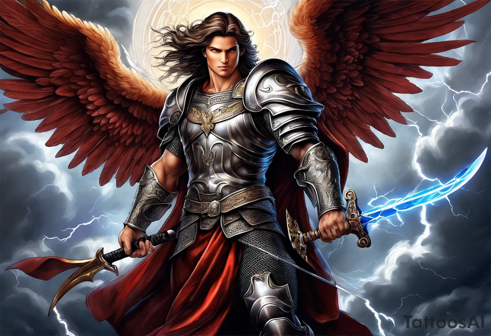 Michael the Archangel holding sword with clouds and lightning in background. tattoo idea