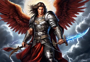 Michael the Archangel holding sword with clouds and lightning in background. tattoo idea