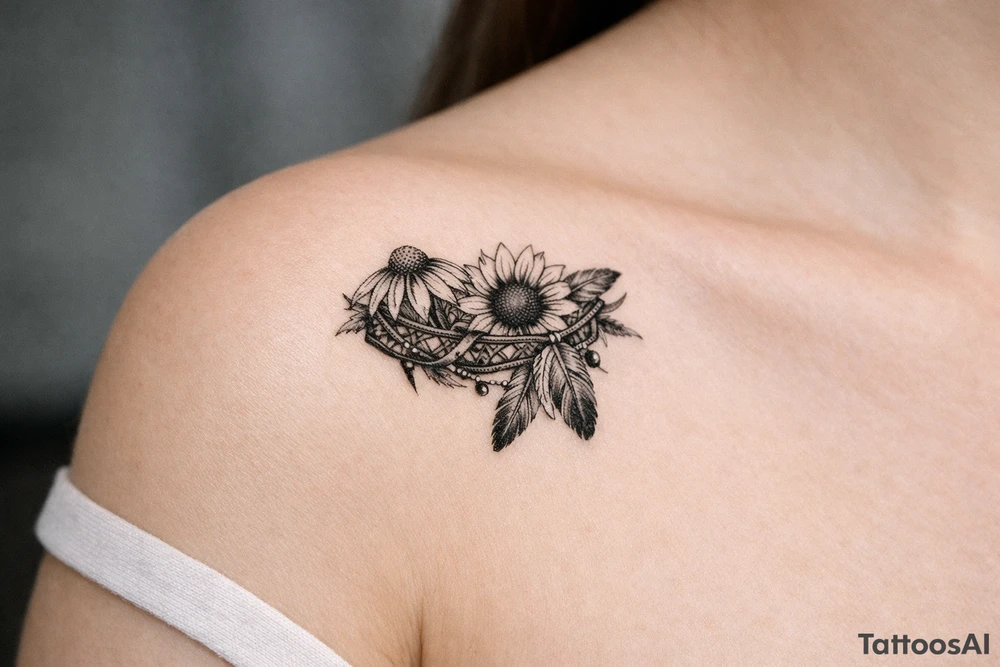 Coneflower and sunflower with feathers and female Indian headband ribboned through tattoo idea