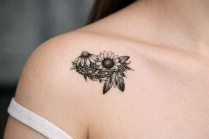 Coneflower and sunflower with feathers and female Indian headband ribboned through tattoo idea