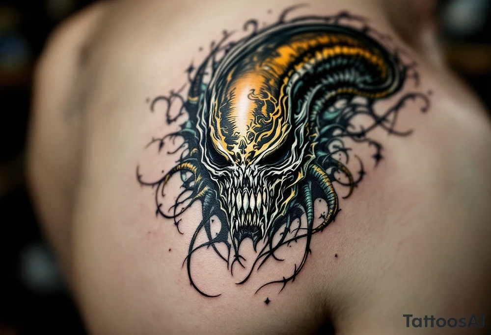 A Xenomorph’s elongated skull blending into abstract tribal patterns, using a dark palette with in green and yellow. tattoo idea