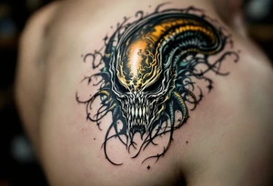 A Xenomorph’s elongated skull blending into abstract tribal patterns, using a dark palette with in green and yellow. tattoo idea